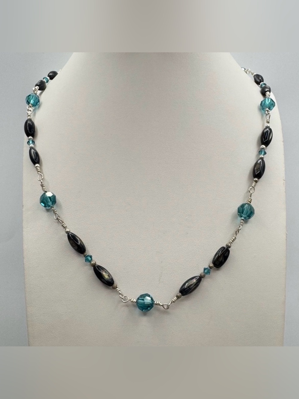 Sterling Silver Abalone Shell Glass Bead Necklace Teal Crystal Accents